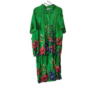 Vtg Serengeti two piece set 2X Green Tropical Hibiscus Floral pleated button‎ up